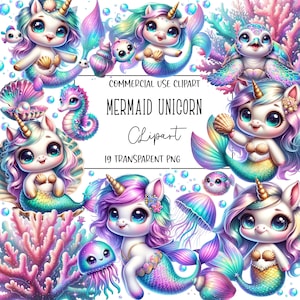 Clipart licorne sirène, clipart sirène, clipart Licorne, lot de cliparts, fichier PNG, fond Transparent, téléchargement numérique