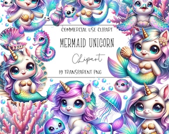 Mermaid Unicorn Clipart, Mermaid Clipart, Unicorn Clipart, Clipart Bundle, PNG File, Transparent Background, Digital Download