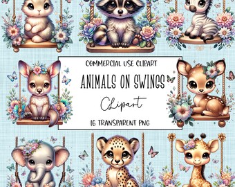 Animals On Swings, Cute Animals, Nursery, Baby Shower, Clipart Bundle, Transparent Background, Instant Digital Download
