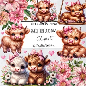Sweet Highland Cows, Koe Clipart, Koe Png Koe Clipart Bundel, Aquarel Clipart, PNG, Transparante Achtergrond, Instant Digitale Download