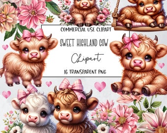 Sweet Highland Cows, Cow Clipart, Cow Png Cow Clipart Bundle , Watercolor Clipart, PNG, Transparent Background, Instant Digital Download
