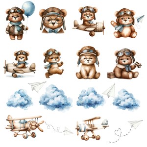 May include: Watercolor illustration of brown teddy bears wearing aviator hats and goggles. Some bears are flying airplanes, while others are holding a propeller. There are also blue clouds and paper airplanes in the image.