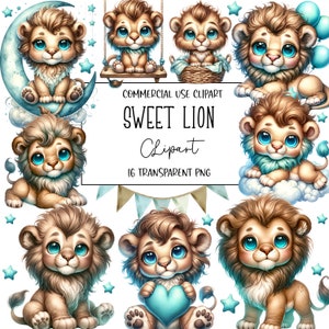 Doux lion, clipart Lion, Lion Png, clipart bébé, baby shower, lot de cliparts, fichier PNG, fond Transparent, téléchargement numérique