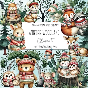 Winter Woodland, Woodland Animals, Woodland Clipart, Watercolor Clipart, Clipart Bundle, Transparent Background, Digital Download