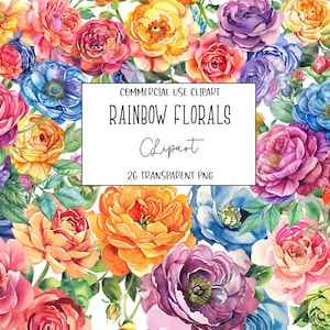 Rainbow Flowers, Floral Clipart, Floral Png, Colorful Flowers, Wedding Florals, Clipart Bundle, Transparent Background, Instant Download