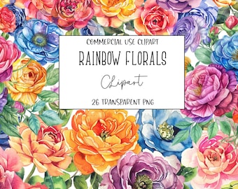 Rainbow Flowers, Floral Clipart, Floral Png, Colorful Flowers, Wedding Florals, Clipart Bundle, Transparent Background, Instant Download