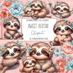 Cute Sloths, Sloth Clipart, Sloth Png, Clipart Bundle, Cute Animal Clipart, Cute Animals, Transparent Background, Digital Download