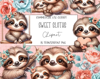 Cute Sloths, Sloth Clipart, Sloth Png, Clipart Bundle, Cute Animal Clipart, Cute Animals, Transparent Background, Digital Download