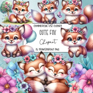 Volpe carina, bundle di clipart volpe, volpe carina Png, clipart acquerello, file PNG, sfondo trasparente, download digitale istantaneo