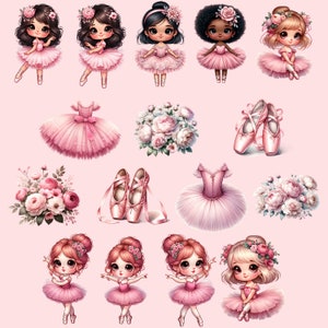 May include: A digital illustration of ten ballerina girls with pink tutus and flowers. The girls have different hair colors and styles. There are also two pairs of pink ballet shoes and two bouquets of pink flowers.