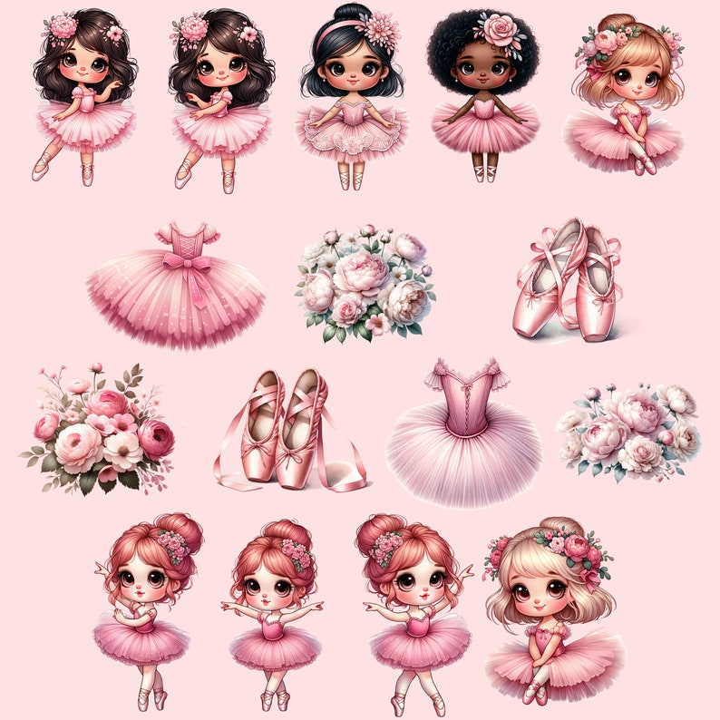 May include: A digital illustration of ten ballerina girls with pink tutus and flowers. The girls have different hair colors and styles. There are also two pairs of pink ballet shoes and two bouquets of pink flowers.