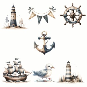 May include: A set of nautical themed illustrations featuring a lighthouse, an anchor, a ship, a seagull, a steering wheel, and a bunting with stars. The illustrations are painted in watercolor with a blue and brown color scheme.