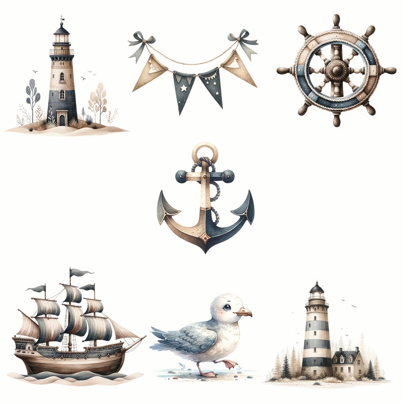 May include: A set of nautical themed illustrations featuring a lighthouse, an anchor, a ship, a seagull, a steering wheel, and a bunting with stars. The illustrations are painted in watercolor with a blue and brown color scheme.