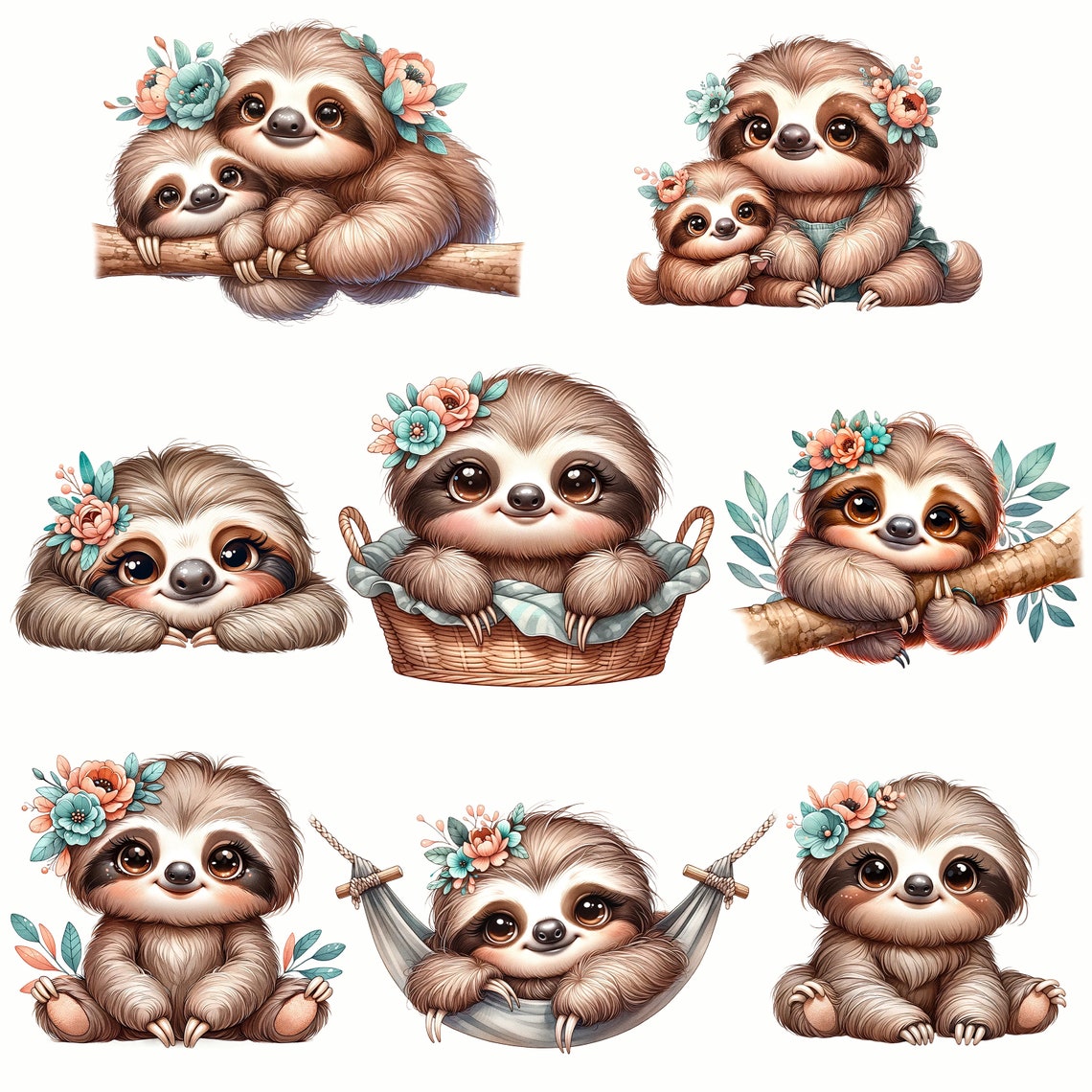 Cute Sloths, Sloth Clipart, Sloth Png, Clipart Bundle, Cute Animal ...