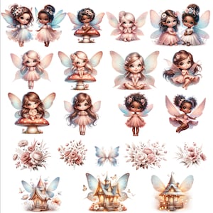 May include: A set of 16 digital illustrations featuring fairies with wings, flowers, and a fairy house. The fairies are wearing dresses and have different hair colors and styles. The flowers are in shades of pink and white. The fairy house is a small cottage with a pointed roof and windows.