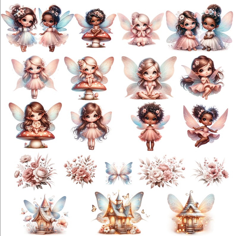 May include: A set of 16 digital illustrations featuring fairies with wings, flowers, and a fairy house. The fairies are wearing dresses and have different hair colors and styles. The flowers are in shades of pink and white. The fairy house is a small cottage with a pointed roof and windows.