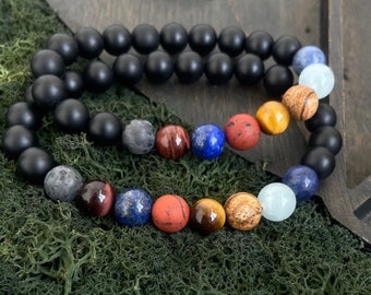 Couple's Solar System Bracelet: Natural Stone Planet Beads