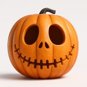 May include: A carved orange pumpkin with a smiling face, perfect for Halloween decorations. The pumpkin has large, oval eye holes, a triangular nose, and a wide, toothy grin. A dark brown stem sits atop the pumpkin.