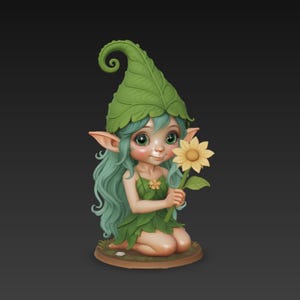 May include: A whimsical figurine of a fairy with green hair and a leaf-shaped hat, kneeling and holding a sunflower. The fairy wears a green dress and has pointed ears. The figurine is on a small, round base.