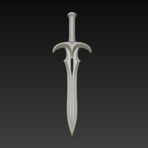 May include: A silver-colored sword with a stylized design. The hilt has a rounded pommel and a guard with curved, wing-like elements. The blade is long and tapers to a point, with a central fuller.