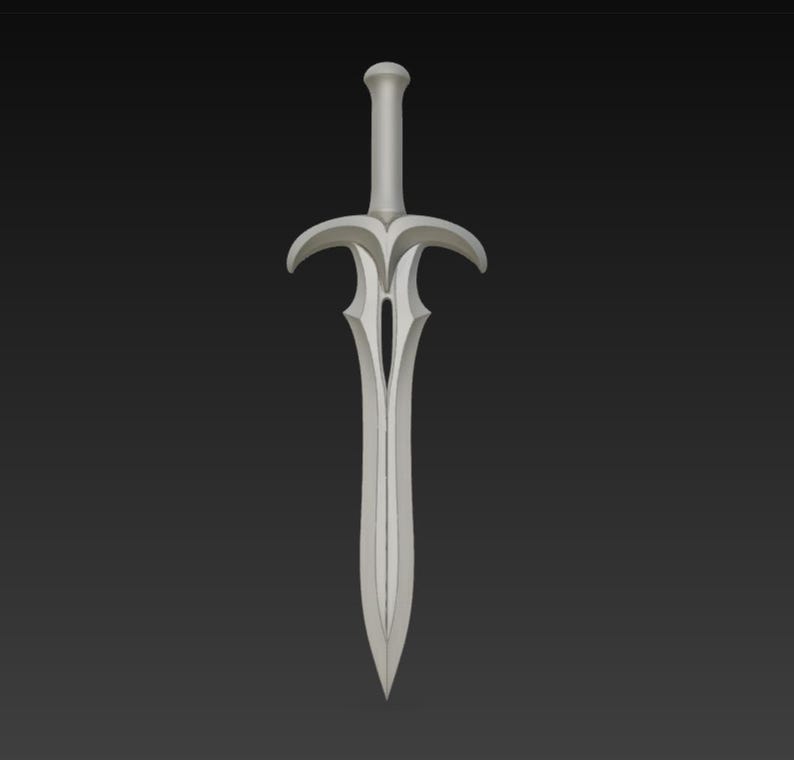 May include: A silver-colored sword with a stylized design. The hilt has a rounded pommel and a guard with curved, wing-like elements. The blade is long and tapers to a point, with a central fuller.