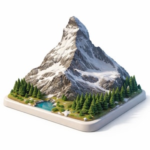 Może przedstawiać: Miniaturowy model ośnieżonej góry z kamienistą fasadą. Góra otoczona jest zielonymi sosnami, małym turkusowym jeziorem i trawiastymi obszarami. Model stoi na białej, kwadratowej podstawie.
