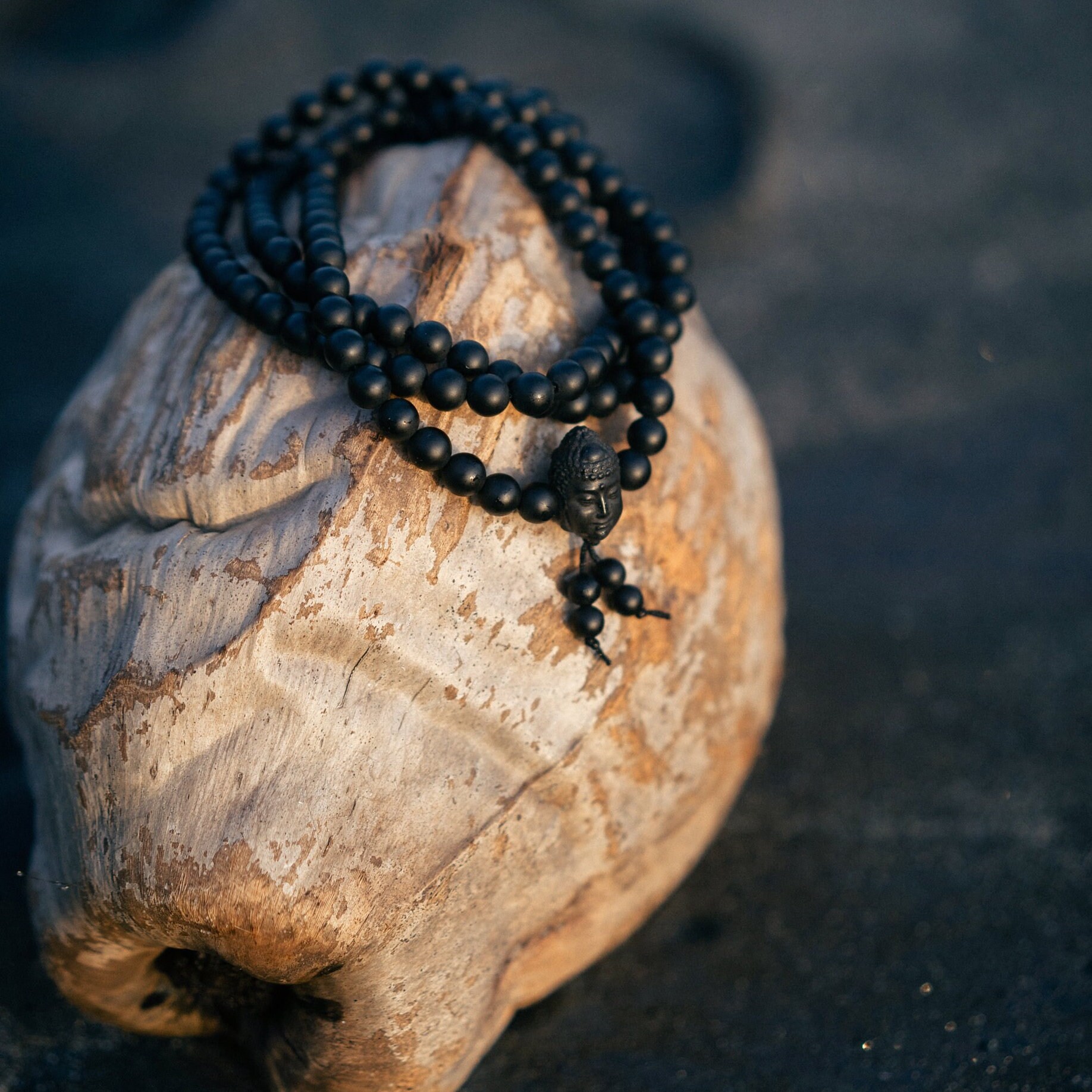 108 Beads Mala Natural Ebony Wood Black Rosary Buddhist Meditation Yoga Long Necklace Buddha and The Devil Pendant