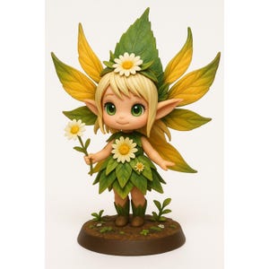 Puede incluir: Una figura caprichosa de una hada con cabello rubio, ojos verdes y orejas puntiagudas. El hada lleva un vestido de hojas verdes y sostiene una margarita. Grandes alas de hojas en tonos verdes y amarillos se extienden desde su espalda. La figura se encuentra sobre una base marrón.
