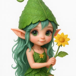 May include: A whimsical figurine of a fairy with green hair and large green eyes, wearing a leaf-like dress and hat. The fairy holds a yellow sunflower. The figurine is on a brown base with grass and a small flower.