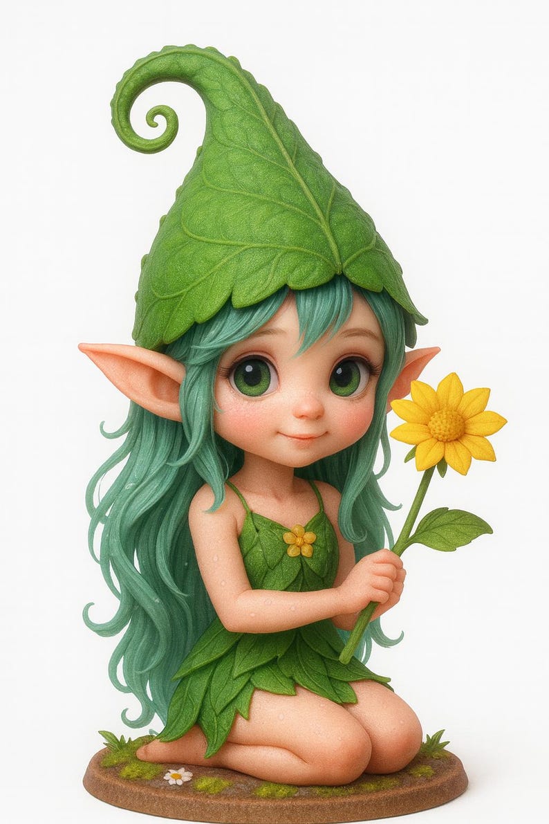 May include: A whimsical figurine of a fairy with green hair and large green eyes, wearing a leaf-like dress and hat. The fairy holds a yellow sunflower. The figurine is on a brown base with grass and a small flower.