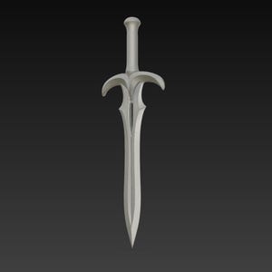 May include: A silver-colored sword with a decorative hilt and a long, pointed blade. The hilt features a curved design, and the blade has a central ridge. The sword is set against a dark gray background.