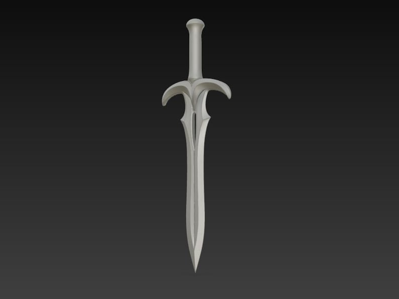 May include: A silver-colored sword with a decorative hilt and a long, pointed blade. The hilt features a curved design, and the blade has a central ridge. The sword is set against a dark gray background.