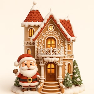Könnte beinhalten: Ein festliches Lebkuchenhaus zu Weihnachten mit rotem Dach und weißen Zuckergussakzenten. Eine Weihnachtsmannfigur steht vor dem Haus und trägt einen roten Anzug und Hut. Das Haus hat beleuchtete Fenster und dekorative Details.