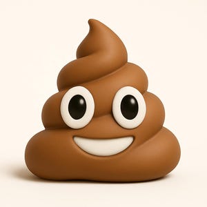 May include: A brown, smiling poop emoji figurine with white eyes and a white smile. The emoji is a stylized, three-dimensional representation of the classic poop emoji.