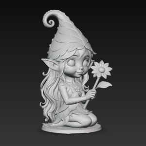 May include: A grayscale figurine of a fairy kneeling and holding a flower. The fairy has long hair, pointed ears, and a leaf-shaped hat. The flower has a detailed bloom. The figurine is on a round base.