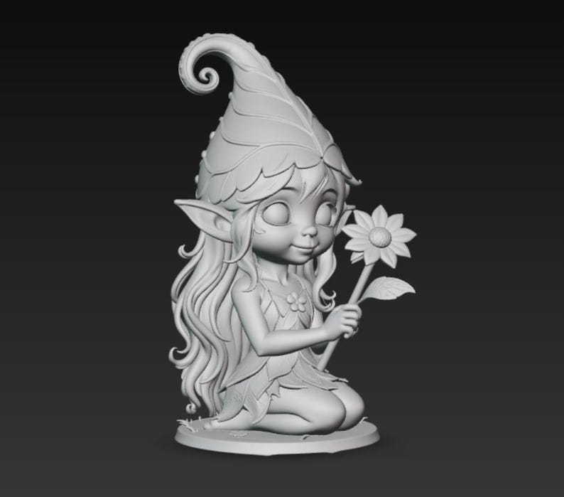 May include: A grayscale figurine of a fairy kneeling and holding a flower. The fairy has long hair, pointed ears, and a leaf-shaped hat. The flower has a detailed bloom. The figurine is on a round base.
