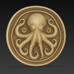 Op de afbeelding: Een gedetailleerde, goudkleurige reliëfsculptuur van een octopus in een cirkelvormig frame. De octopus heeft acht tentakels en is gecentreerd op het ronde ontwerp. De buitenrand van de cirkel heeft een stippenpatroon, wat een decoratief element aan het ontwerp toevoegt.