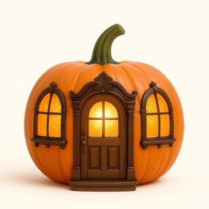 Könnte beinhalten: Ein dekoratives, orangefarbenes Kürbis-Haus mit einem grünen Stiel. Das Haus hat eine braune Tür und zwei gewölbte Fenster, die alle mit einem warmen, leuchtenden Licht versehen sind. Eine Halloween-Dekoration.