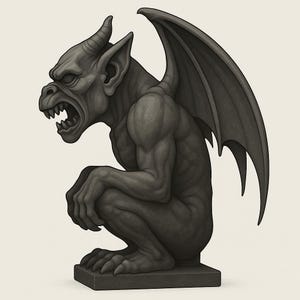 Può includere: Illustrazione dettagliata di una statua di gargoyle grigia. La creatura ha grandi ali, corna e denti affilati, con la bocca aperta in un ringhio. È in posizione accovacciata su una base quadrata, con braccia e gambe muscolose.
