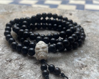 Necklace Buddha and The Devil Pendante 108 Beads Mala Natural Ebony Wood Black Rosary Buddhist Meditation Yoga Long