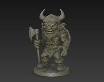 May include: A detailed figurine of a goblin warrior, holding an axe. The goblin has a fierce expression, wearing a horned helmet and armour. The figure is in a neutral colour, standing on a circular base.