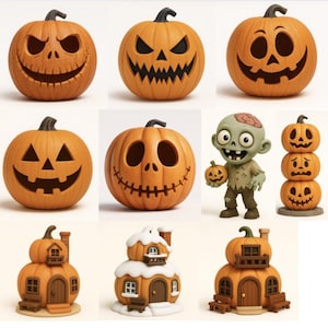 Peut inclure: Plusieurs décorations d'Halloween orange, dont des visages de citrouilles sculptées avec diverses expressions, une figurine de zombie tenant une citrouille et des maisons en forme de citrouille avec de la neige et des bancs.