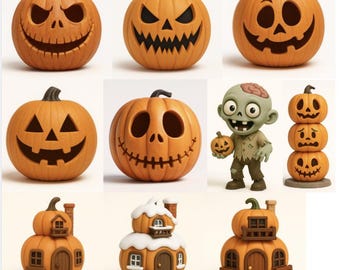 Paquete de impresión 3D de Halloween / 10 archivos STL + 6 archivos SVG/PNG / Calabaza sonriente Jack O'Lanter / Decoración de calabaza de Halloween imprimible en 3D /