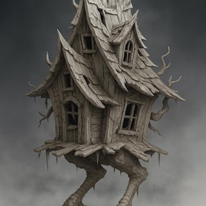 Op de afbeelding: Een grillige houten huissculptuur met een verweerde, getextureerde uitstraling. Het huis heeft meerdere ramen, een zadeldak en wordt ondersteund door grote, vogelachtige voeten. Het ontwerp roept een fantasie- of sprookjesthema op.