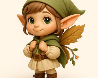May include: A charming figurine of a fairy with green eyes, wearing a green hat, cape, and boots. The fairy has pointed ears, brown hair, and a beige dress. A large leaf and small flowers are attached to the fairy's back.