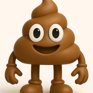 May include: A 3D rendered brown poop emoji with a smiling face, large eyes with white surrounds, arms, legs, and shoes. The emoji has a smooth, rounded appearance. The background is a plain, off-white colour.