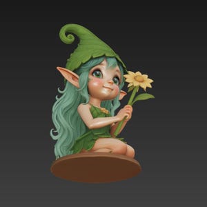 May include: A charming fairy figurine with green hair and a leaf hat, kneeling and holding a yellow flower. The fairy's outfit is made of leaves. The figurine sits on a brown base and has a happy expression. A delightful decorative item.