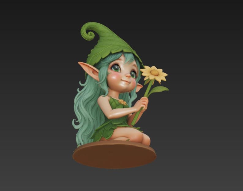 May include: A charming fairy figurine with green hair and a leaf hat, kneeling and holding a yellow flower. The fairy's outfit is made of leaves. The figurine sits on a brown base and has a happy expression. A delightful decorative item.