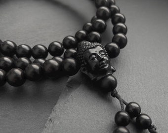 108 Beads Mala Natural Ebony Wood Black Rosary Buddhist Meditation Yoga Long Necklace Buddha Pendant