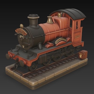 May include: A detailed model of a vintage steam train, featuring a black and reddish-orange color scheme. The train sits on a track base, with intricate details on the wheels, smokestack, and cab. A small brown box is next to the train.